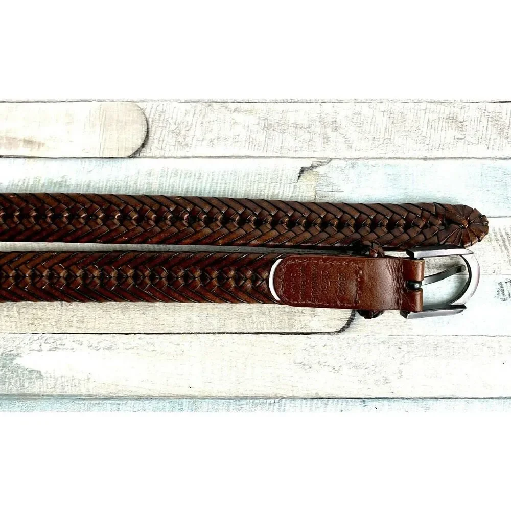 VINTAGE BRAIDED BROWN THICK BUCKLE GENUINE LEATHER CASUAL WOMEN`S BELT Sz L (50M